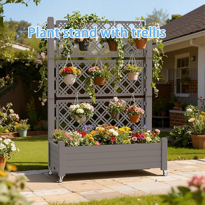 Mobile Garden Planter with Trellis & Lockable Wheels, Outdoor Raised Bed with - Image 6