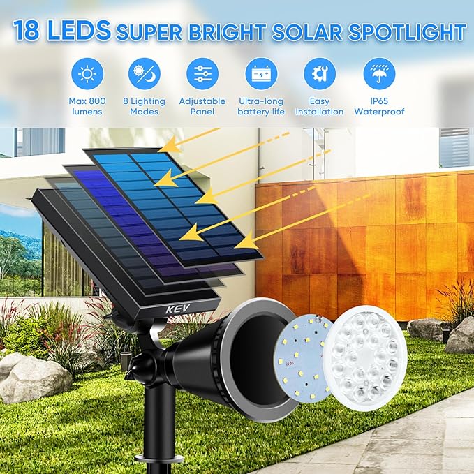 KEV Solar Spot Lights Outdoor, 18 LEDs Solar Flood Lights - Image 2