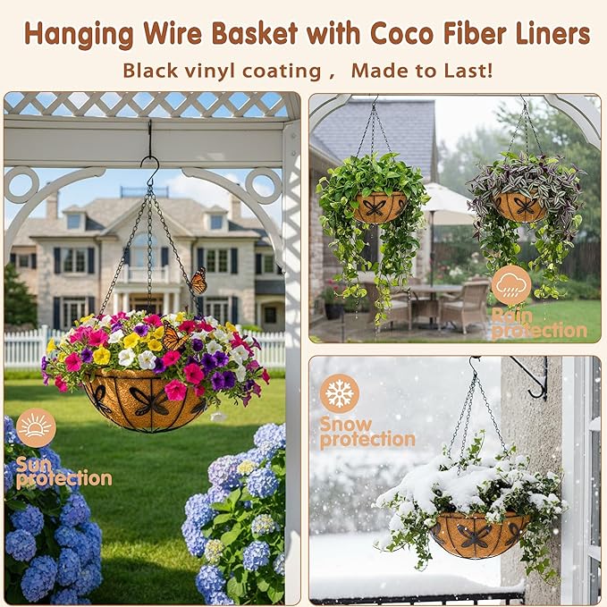14 inch Metal Hanging Baskets For Plants Outdoor 4 Pack Round Metal Wire - Image 3