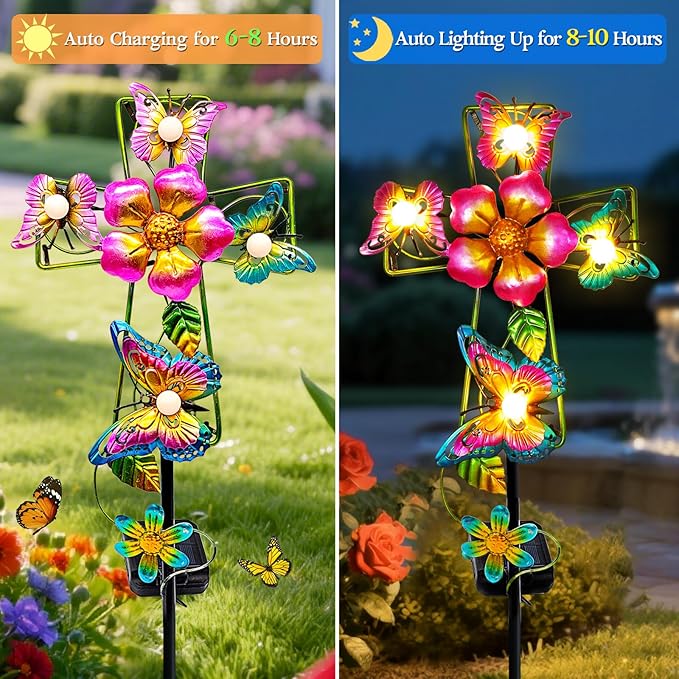 Solar Butterfly Cross Garden Stake Light, Metal Cross Cemetery Decorations - Image 2