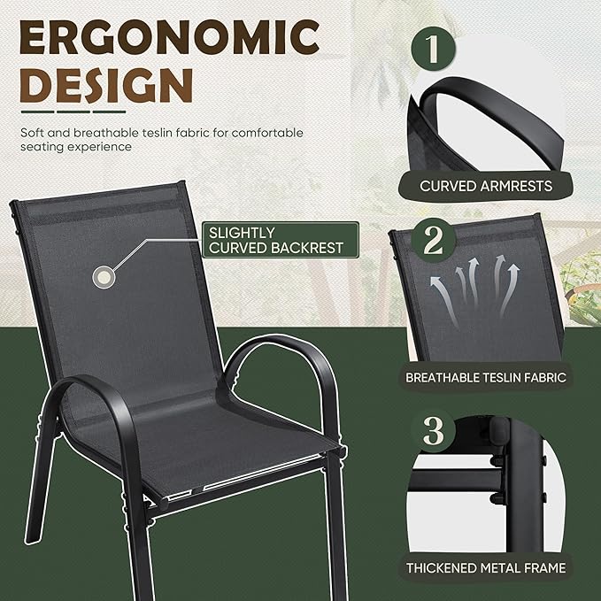 Flamaker Patio Chairs Stackable Dining Chairs Set of 4 Metal and Teslin Outdoor - Image 4