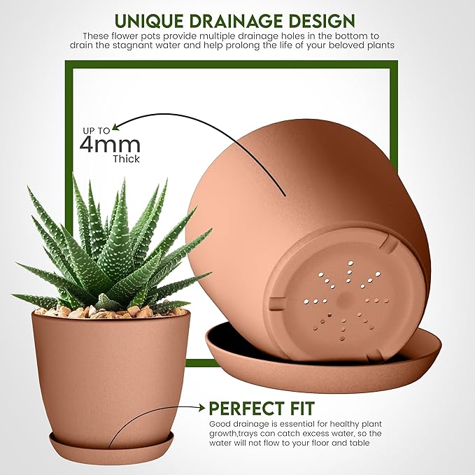 Utopia Home - Plastic Terracotta Pots - 7/6.6/6/5.3/4.8 Inches Flower Pots - Image 4