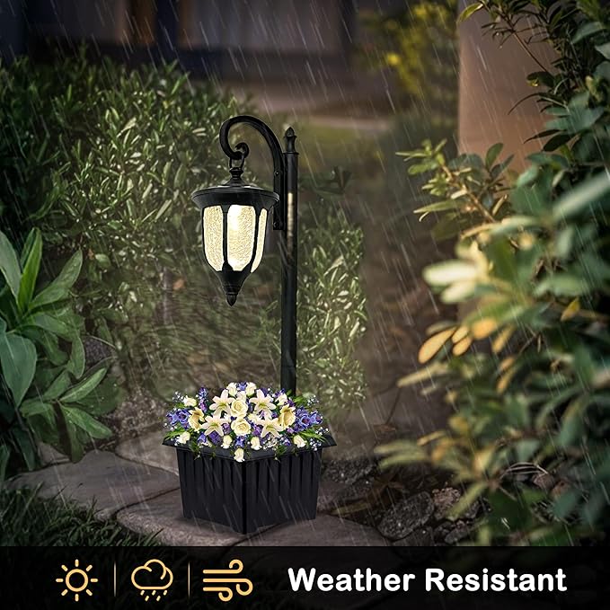 Solar Lamp Post Light with Planter, Outdoor Solar Lights with Crackle Glass - Image 2