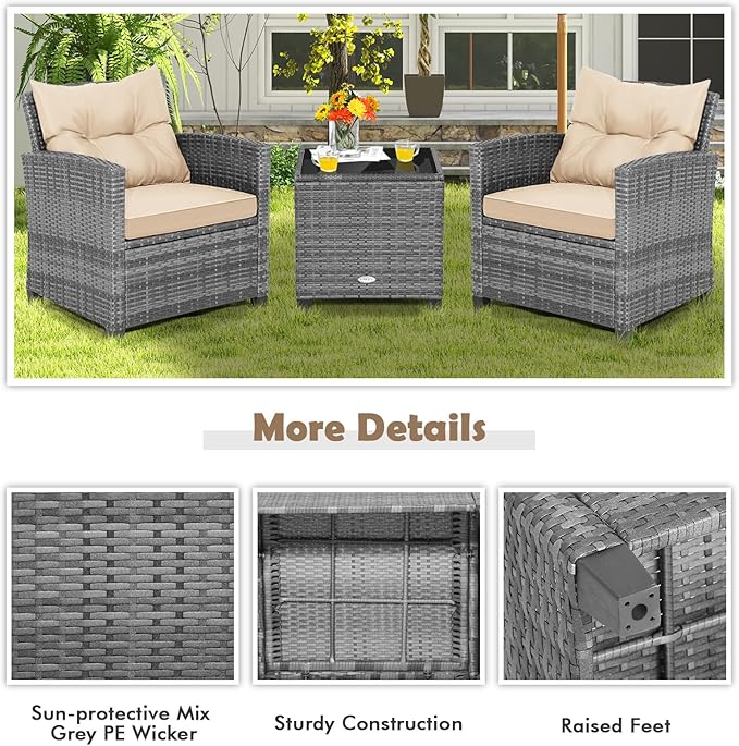 Tangkula 3 Pieces Wicker Patio Furniture Set, Outdoor Rattan Conversation - Image 9