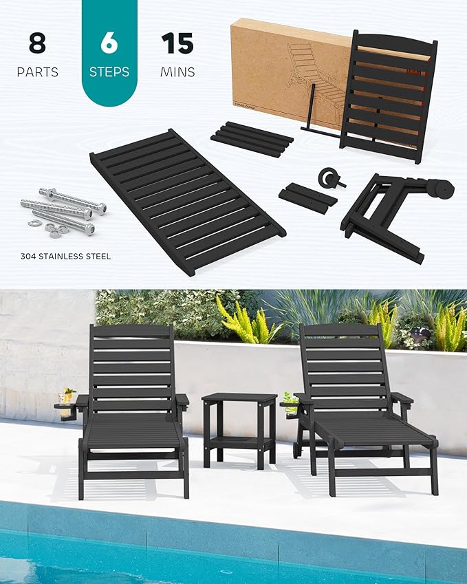 SERWALL Patio Chaise Lounge Chair Set of 2, Poly Lounge Chair - Image 7