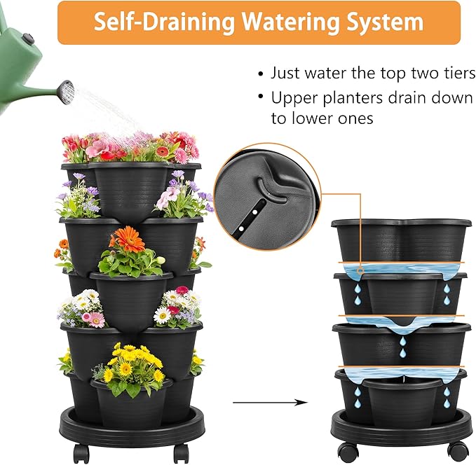 VECELO 5 Tier Vertical Garden Planter, Self Watering Stackable Planters - Image 3