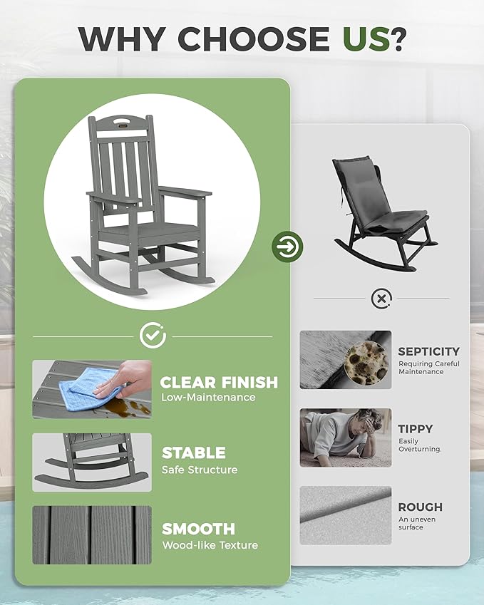 Oversized Rocking Chair Outdoor, High Back Porch Rocker Chair, HDPE All Weather - Image 8