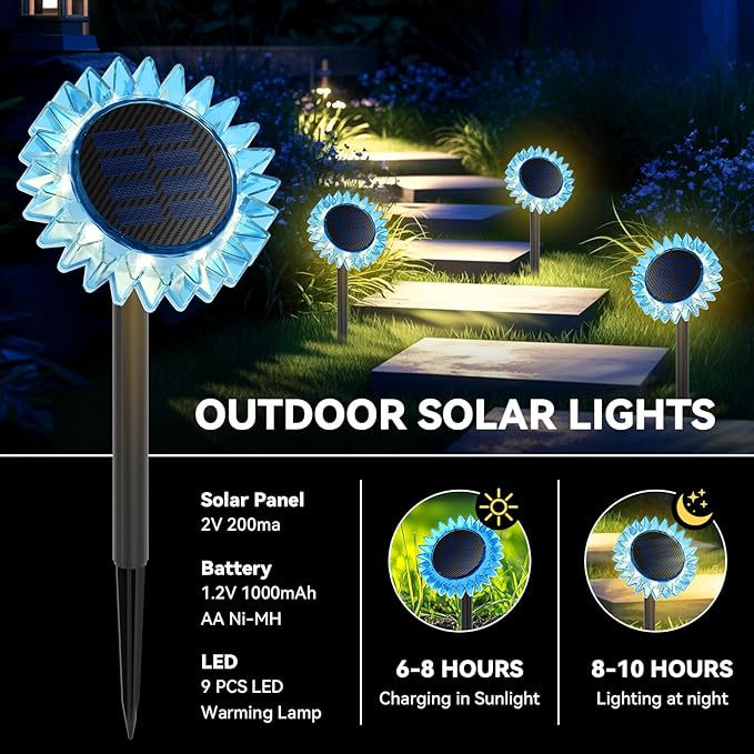 Outdoor Solar Lights, 4 Pack Led Solar Sunflower Lights, Stake/Wall 2-in-1 - Image 4