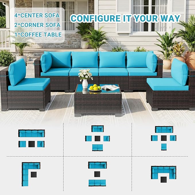 LEVELEVE 7 Pieces Outdoor Patio Furniture Sets, Rattan Conversation Sectional - Image 3