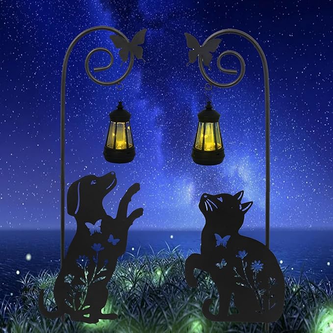 Solar Dog and Cat Lantern Garden Stakes by Unknown