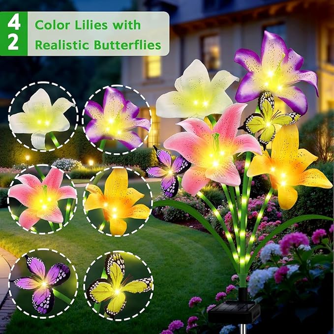 6 Pack Solar Garden Lights LED Solar Lilies Flower Lights, Yard Patio Pathway - Image 2
