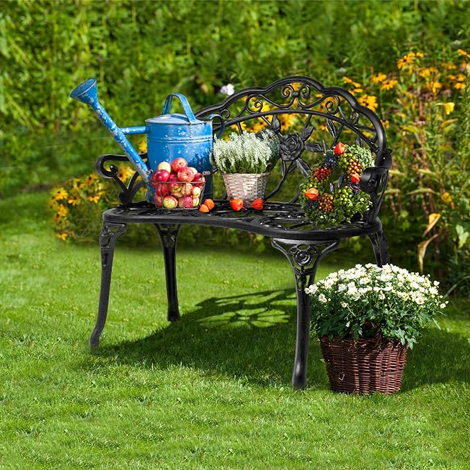 VINGLI 38.5" Patio Park Garden Outdoor Metal Rose Bench, 2-Person Cast Iron - Image 6