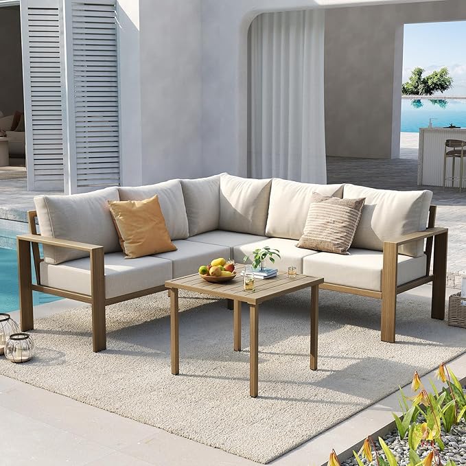 UDPATIO 6 Piece Patio Furniture Set, Faux Wood Metal Outdoor Sectional Sofa - Image 9
