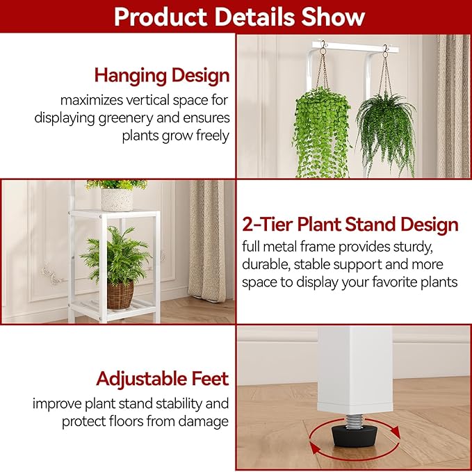 IBUYKE 67 Inch Tall Plant Stand Indoor Outdoor, 3 Tier Metal Hanging Plant Shelf - Image 3