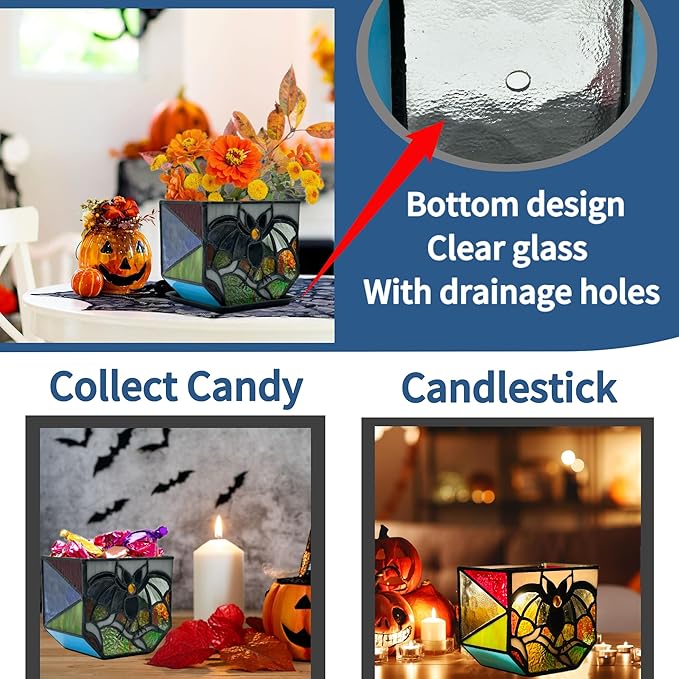 Stained Glass Bat Planter with Drainage Holes, Cute Planter Pots - Image 4