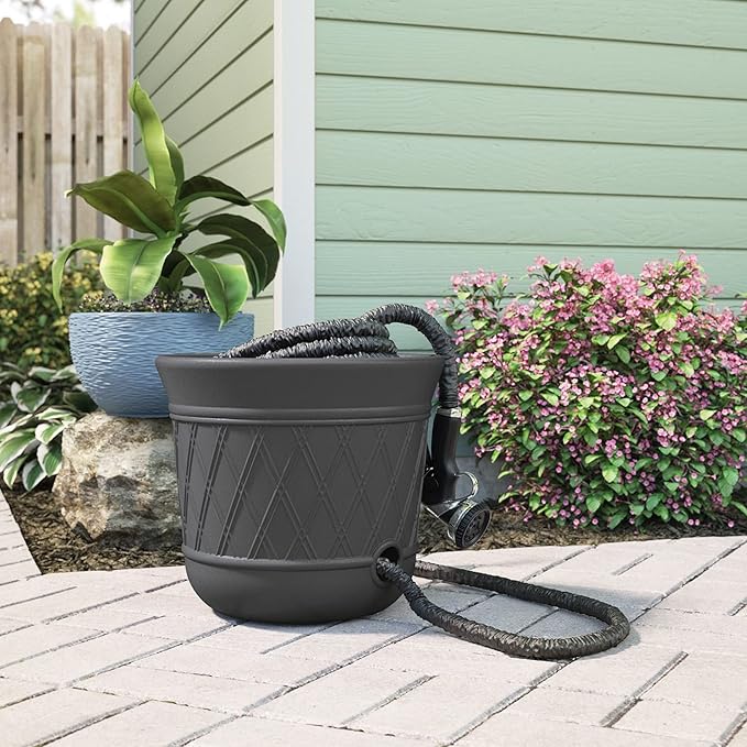 Suncast Lattice Hose Pot for Outdoor Garden Storage, Peppercorn - Image 6