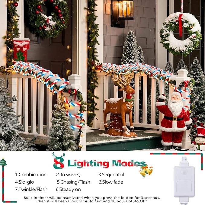 Jnaurb Christmas Candy Cane Lights, 66ft 480 LED Connectable White & Red & Blue - Image 3