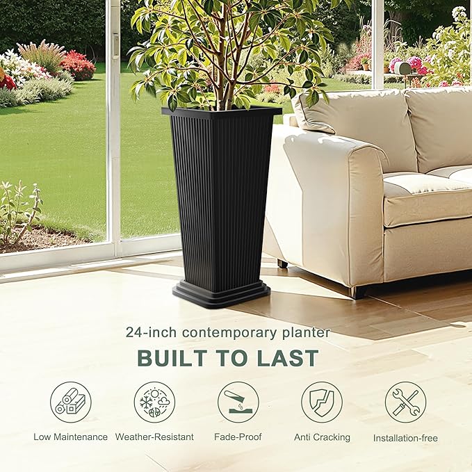 Tall Black Planters Outdoor Set of 2, Large Outdoor Tall Planters Pots - Image 3