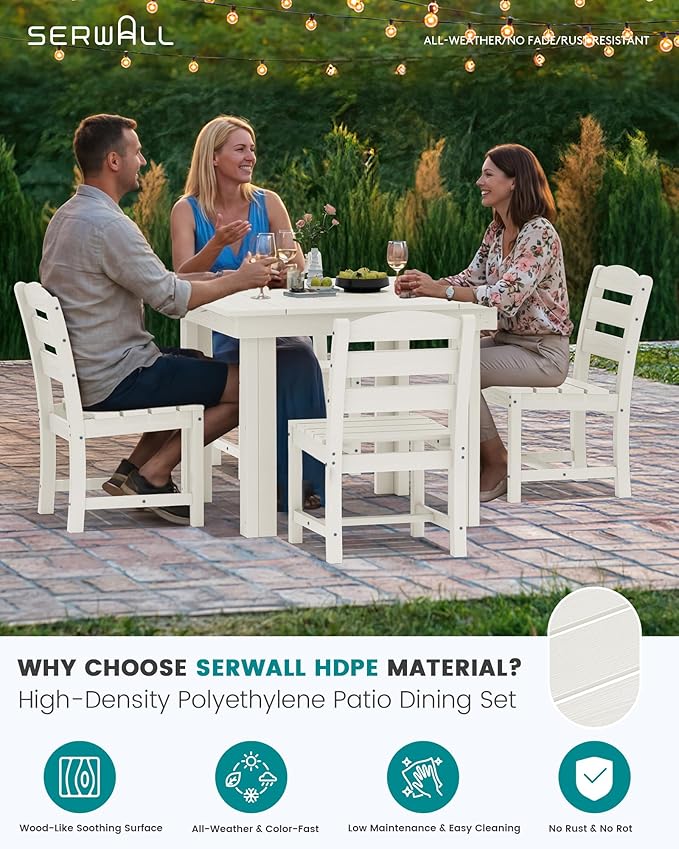 SERWALL Outdoor Dining Set for 4, HDPE Square Table and Chairs Set All Weather - Image 3