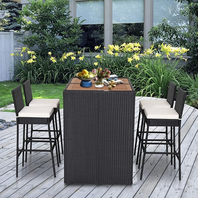 Tangkula 5 Piece Patio Wicker Bar Set, Patiojoy Outdoor Acacia Wood Bar Height - Image 4