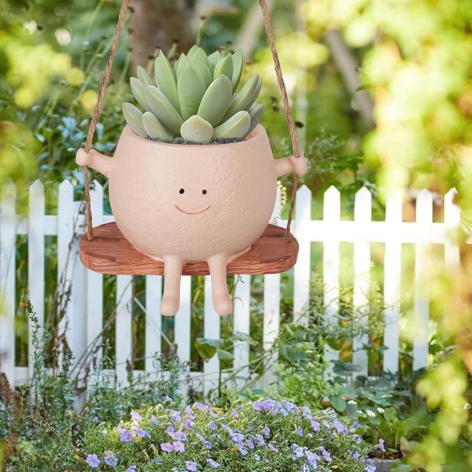 AFFLAT Smiley Face Flower Pot, Swinging Hanging Planter, Resin Smiley Face - Image 8
