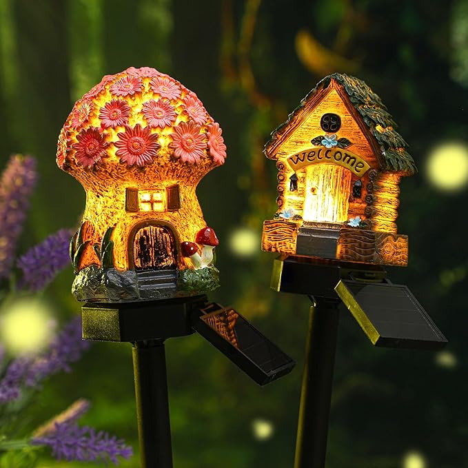 2 Pack Mushroom Fairy House Solar Light Spring Outdoor Garden Home Statue LED - Image 5