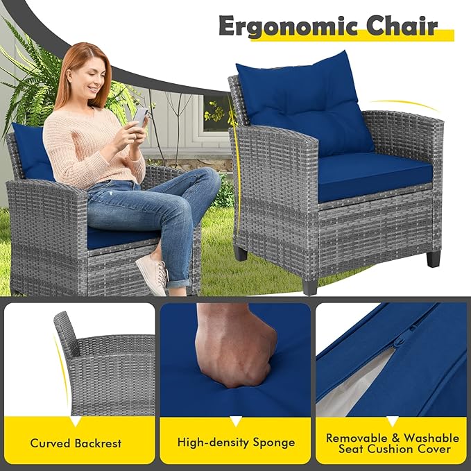 Tangkula 3 Pieces Patio Furniture Set, Outdoor PE Rattan Conversation Chair Set - Image 6