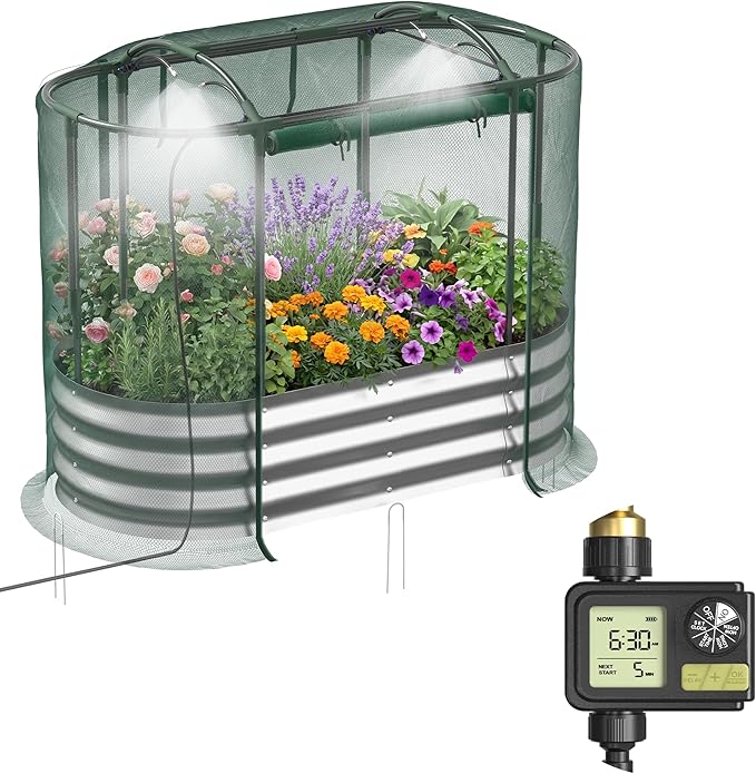 Raised Garden Bed with Sprinkler Timer and Self-Watering System, Galvanized by Lineware