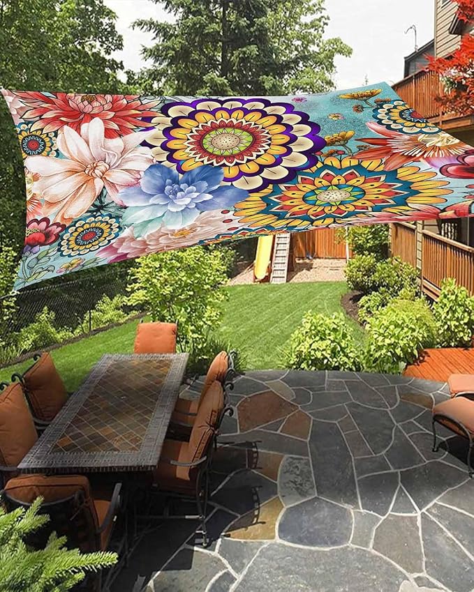 Sun Shade Sail 12'x16' Boho Floral Rectangle Sun Shade Sails Canopy Waterproof by LooPoP