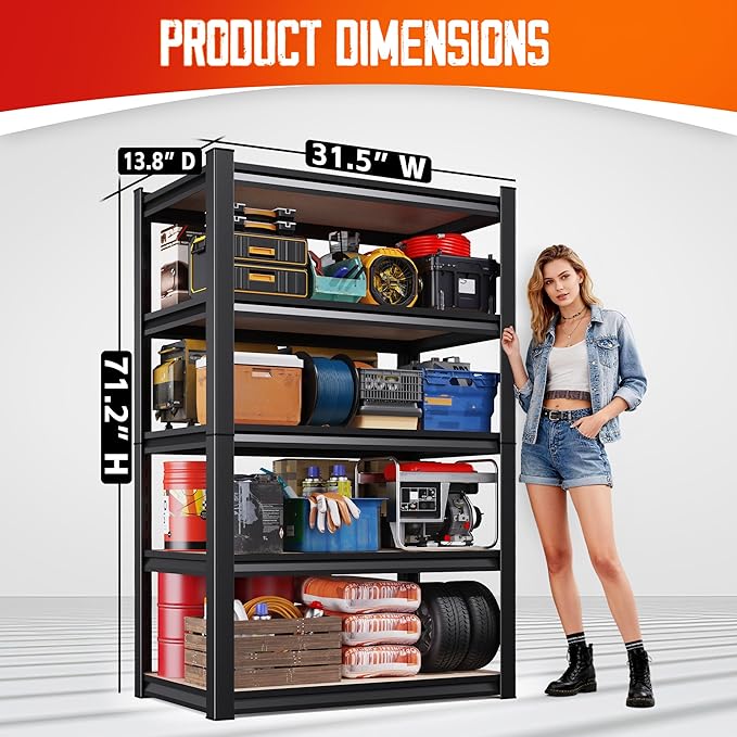 71"H Garage Shelving-5 Tier Garage Storage Shelves, Adjustable Heavy Duty Metal - Image 3
