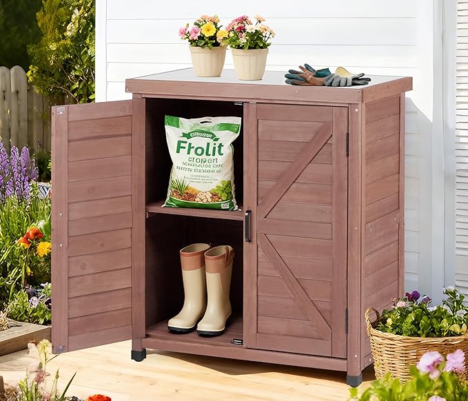 Outdoor Potting Bench with Storage Cabinet and Metal Top, Wood Workstation - Image 2