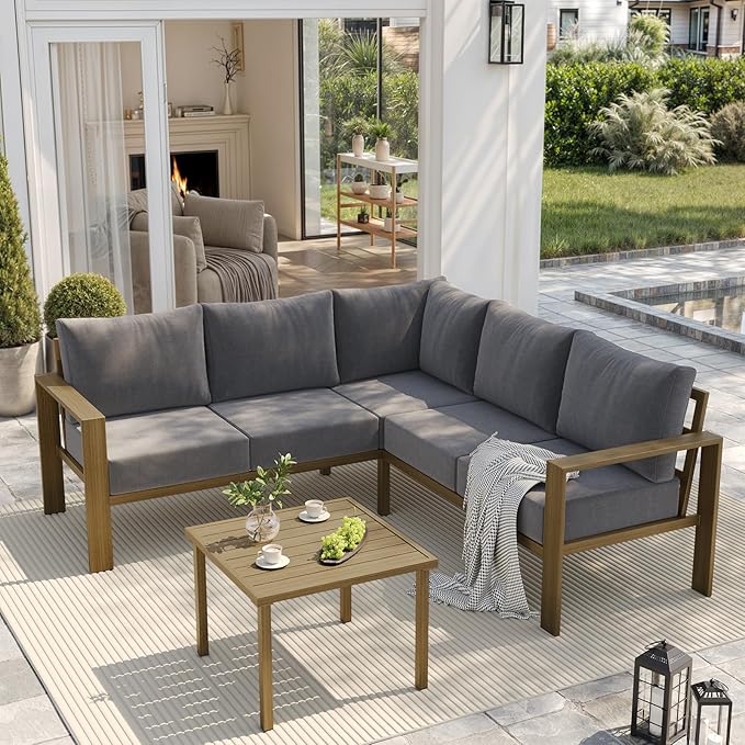 UDPATIO 6 Piece Patio Furniture Set, Faux Wood Metal Outdoor Sectional Sofa by UDPATIO