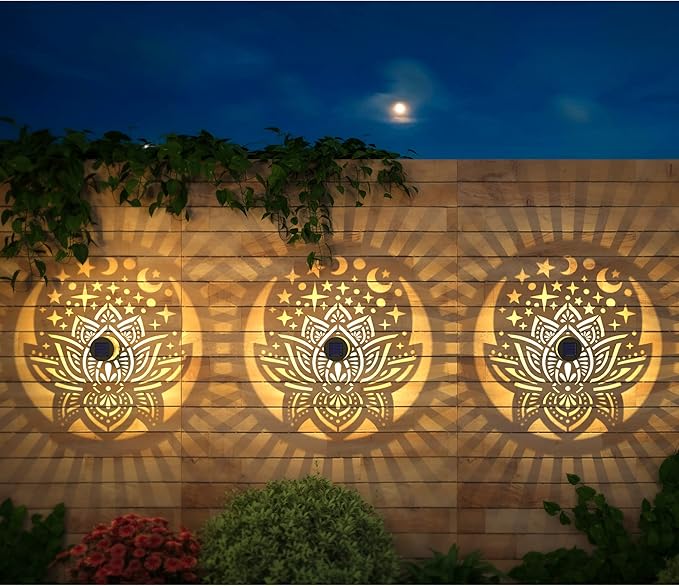 2 Pack Solar Fence Lights Metal Solar Powered Outdoor Wall Deck Lights Lotus - Image 2