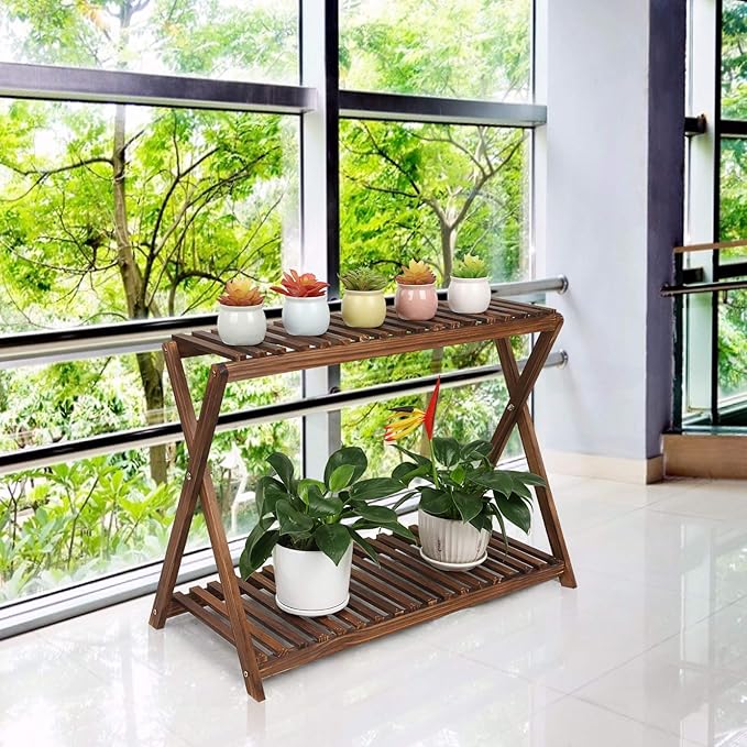 Wood Plant Stand Indoor Outdoor 2 Tiers Flower Stand Corner Stepped Planter - Image 5