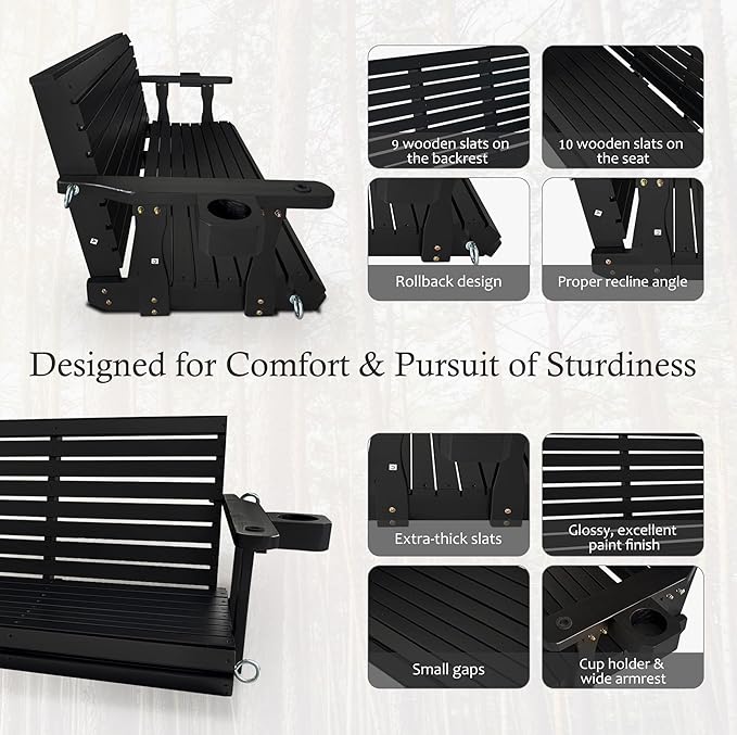 Wooden Porch Swing 3-Seater, High Backrest and Deep Seat, Bench Swing - Image 5