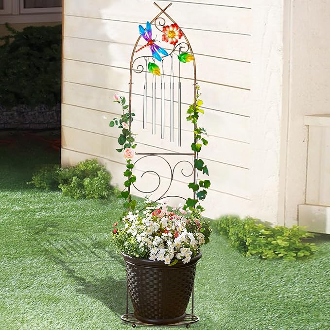 Plant Stands with Garden Trellis, 48” Metal Standing Wind Chimes Plant Pot - Image 6