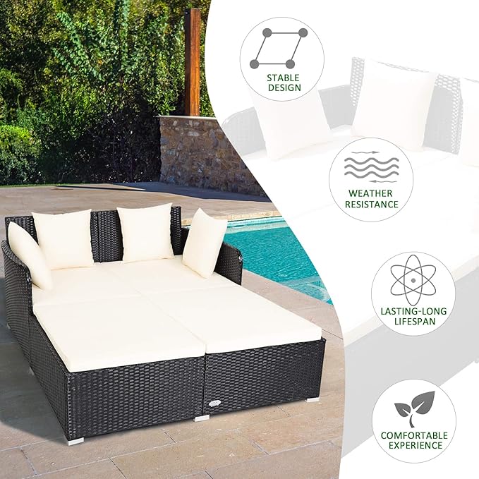 COSTWAY Outdoor Patio Rattan Daybed, Sponge Cushioned Loveseat Sofa - Image 6