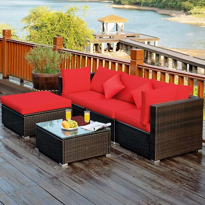 Tangkula 5 Pieces Patio Rattan Furniture Set, Outdoor Sectional Rattan Sofa Set - Image 3