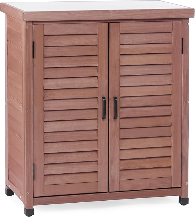 Outdoor Potting Bench with Storage Cabinet and Metal Top, Wood Workstation by Wood-Natrl