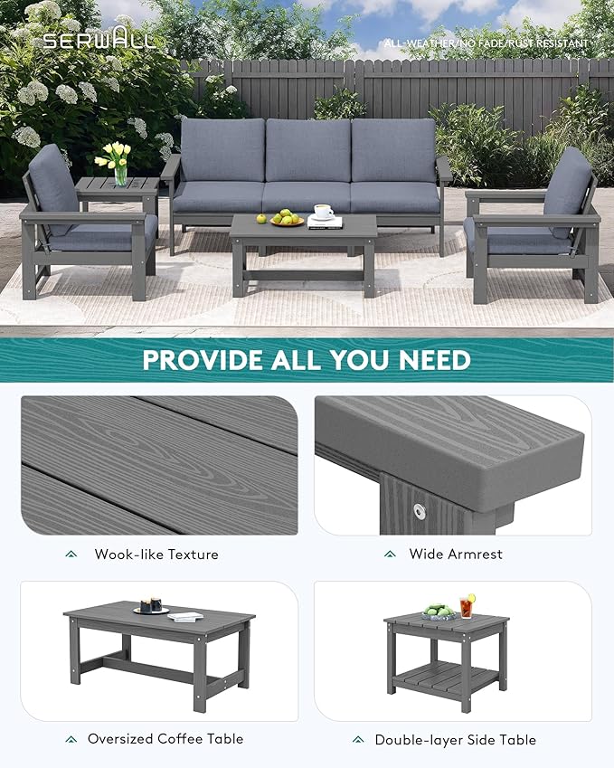 SERWALL HDPE Patio Furniture Set, 7-piece Outdoor Sectional Sofa Set, All - Image 6
