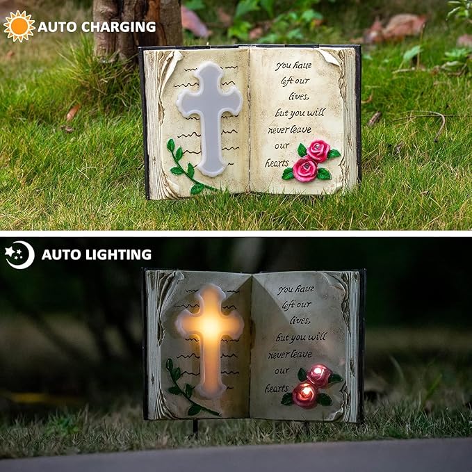 Outdoor Solar Memorial Cross Stakes Lights, Waterproof Book Statue Grave - Image 3