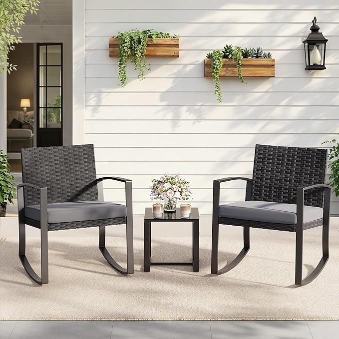 3 Pieces Outdoor Patio Furniture Set Rocking Bistro Set Outdoor Rattan - Image 6
