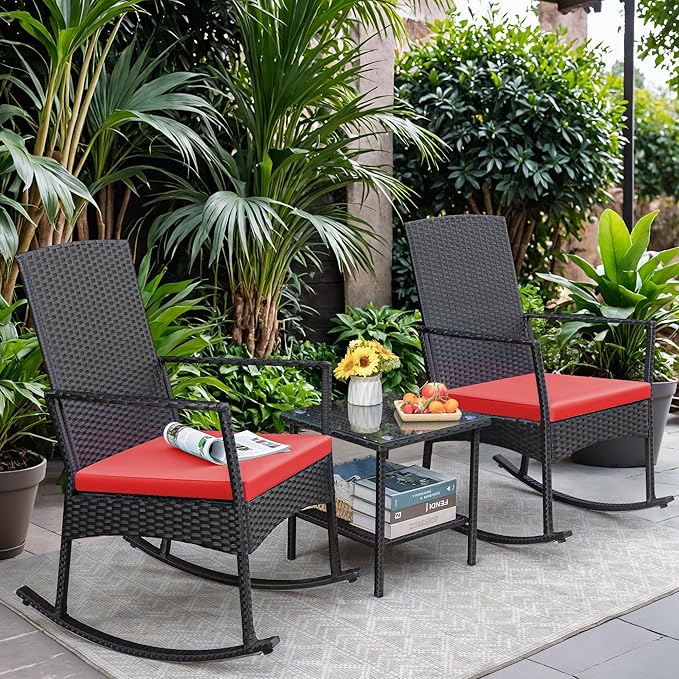 Greesum 3 Pieces Patio Furniture Set Outdoor Wicker Rocking Chairs - Image 2