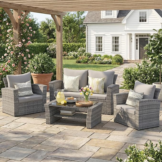 Wisteria Lane 4 Piece Patio Furniture Set, Wicker Outdoor Patio Conversation - Image 9