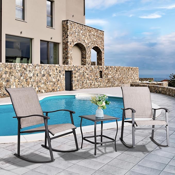 Vongrasig 3 Piece Outdoor Rocking Bistro Set, Textilene Fabric Small Patio - Image 2