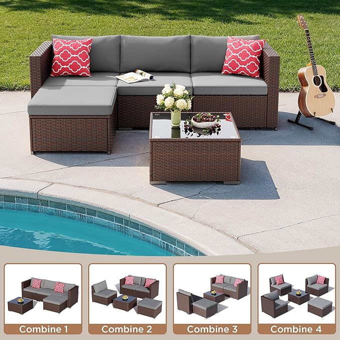 Aiho 5 Pieces Patio Furniture Set All-Weather Outdoor Wicker Sectional Patio - Image 8