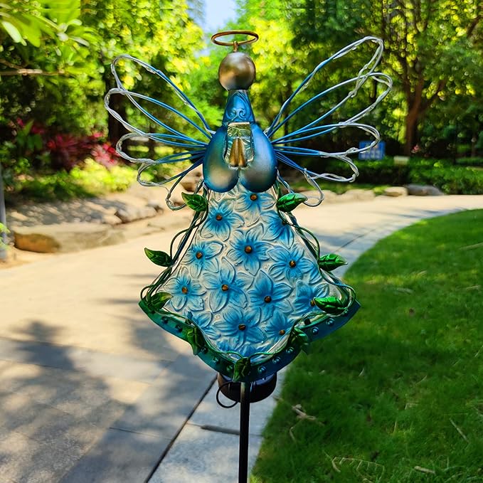 38Inch Angel Solar Lights Outdoor Decorative-Metal&Glass Angel Blue Hydrangea - Image 5