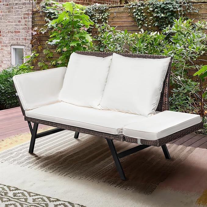 Greesum Outdoor Sofa, Woven Rattan Patio Furniture, Convertible Daybed or - Image 2