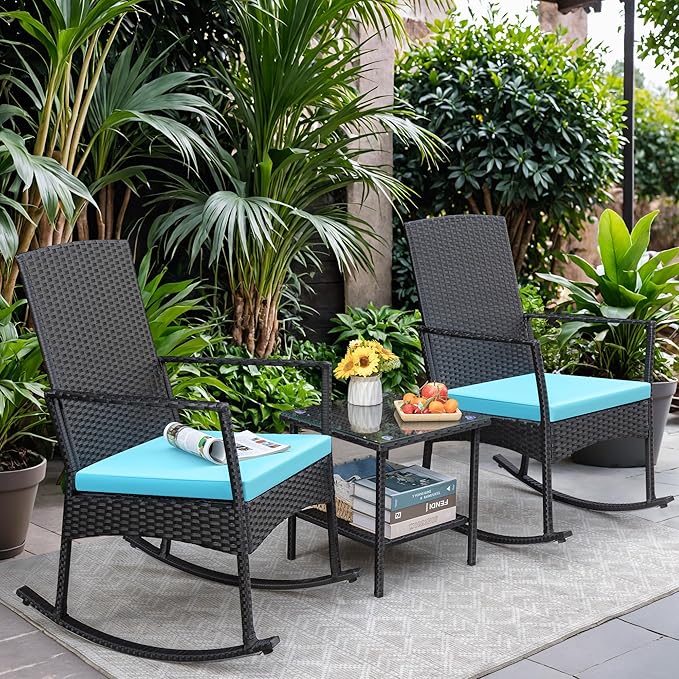 Greesum 3 Pieces Patio Furniture Set Outdoor Wicker Rocking Chairs - Image 2