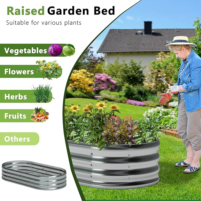 8x4x1ft Galvanized Oval Raised Garden Bed, Outdoor Planter Box Metal Patio Kit - Image 6